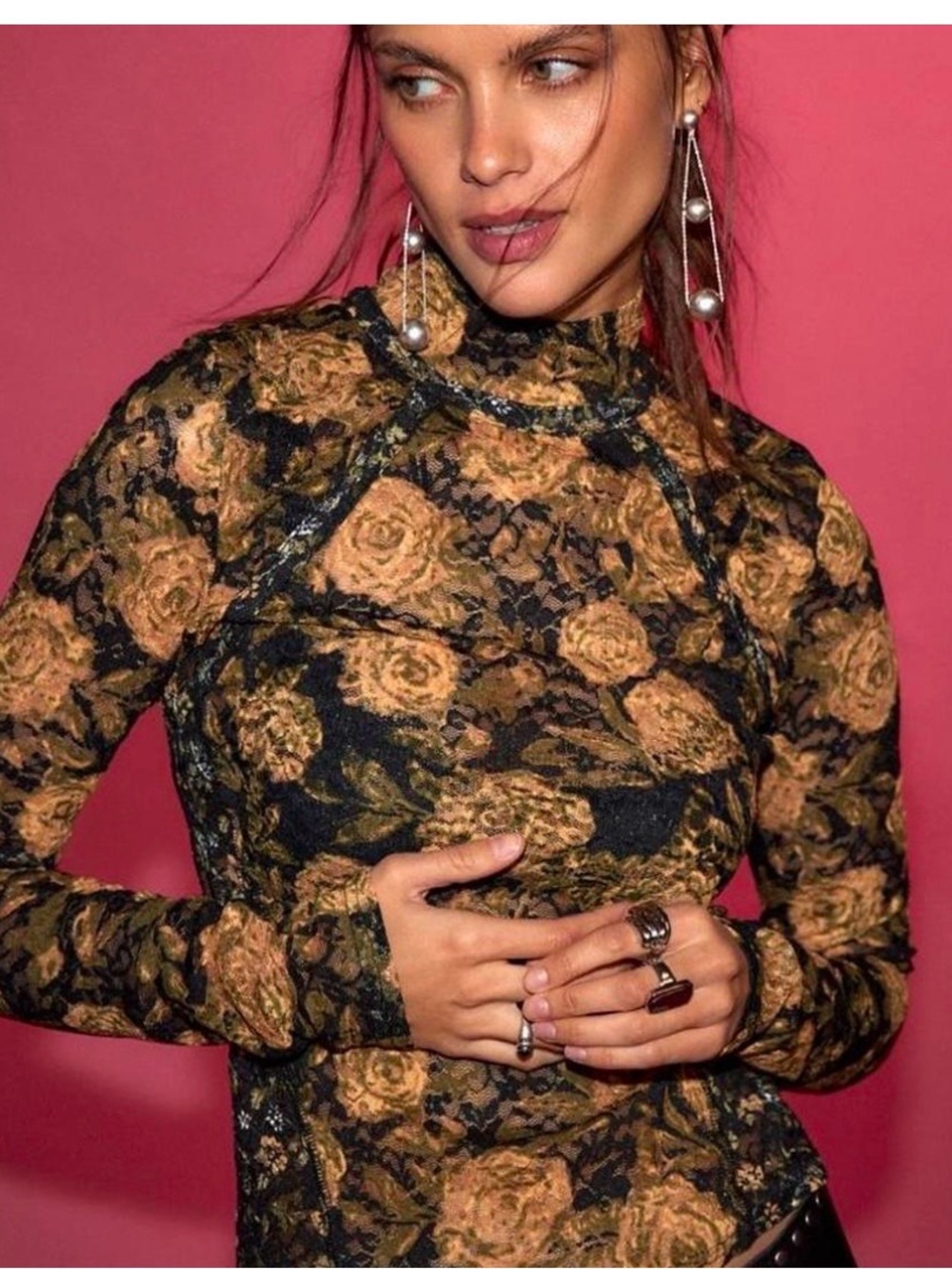 Free People Black Lace Top with Mustard Rose Print